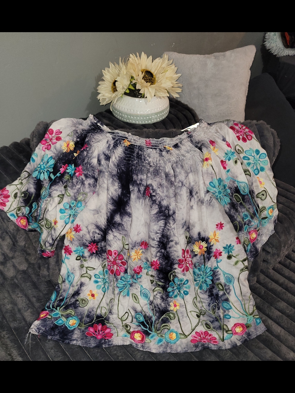 Bohemian Embroidered Tie-Dye Peasant Top — Multicolor